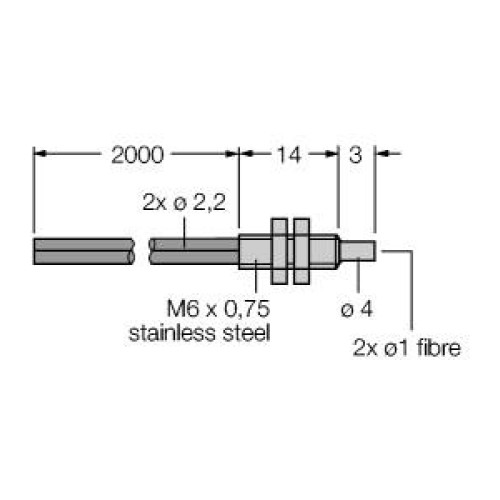 Plastic Fiber, Diffuse Reflective, Core Dia.: 1, Fiber Length 2 m, Thread, Free cut