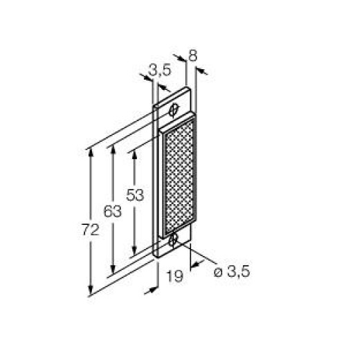 Retroreflective Target: Rectangular 53 x 19, Reflectivity Factor: 1.4, Max. Temp.= 50 degrees C, Plastic - two screw holes for mounting