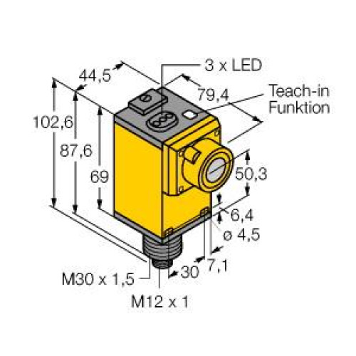 Discrete Q45U Series: Proximity Mode, Range: 250 - 3 m, Input: 12-24 V dc, Output: Bipolar: 1 NPN, 1 PNP, M12 Integral QD