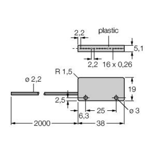 Plastic Fiber, Opposed Mode, Core Dia.: 16 x 0.25, Fiber Length 2 m, Rectangle, Sideview, Free cut