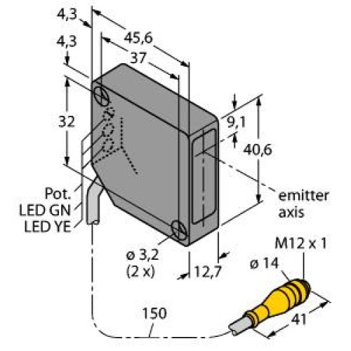 PicoDot: Convergent Laser, Focal Point: 203, Input: 10-30 V dc, Outputs: Complementary PNP, 150 (6 in) M12 Pigtail QD