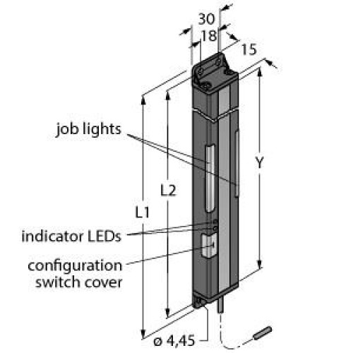PVA Series: 225 Array - Receiver, Range: 2 m, Input: 12-30 V dc, Output: 1 PNP Programmable for LO/DO, 2 m (6.5 ft) Integral Cable