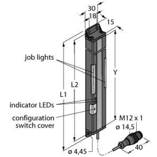 PVA Series: 300 Array - Receiver, Range: 2 m, Input: 12-30 V dc, Output: 1 PNP Programmable for LO/DO, M12 Pigtail QD