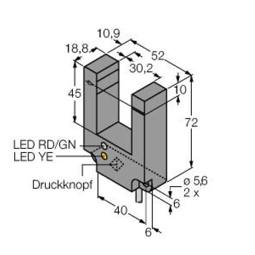 SLE30Series: Teach Mode Slot Sensor, Slot width: 30, Input: 10-30 V dc, Output: Bipolar: 1 NPN, 1 PNP, 2 m (6.5 ft) Cable