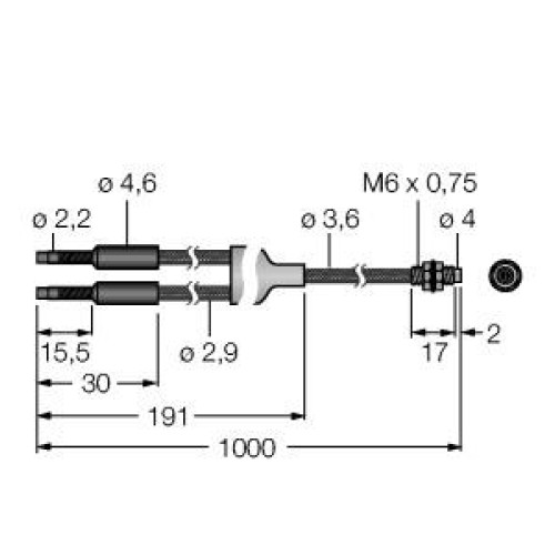 Plastic Fiber, Diffuse Reflective, Core Dia.: 1, Fiber Length 1 m, Thread, SteelSkin, TMB5 Termination