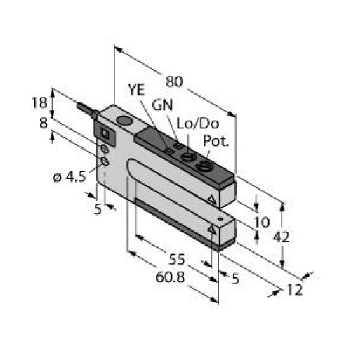 SLM Series: Rugged Nickel-Plated Metal Fixed-Distance Slot Sensor, Slot Width: 10, Input: 10-30 V dc, Output: Bipolar: 1 NPN, 1 PNP, 2 m (6.5 ft) Cable