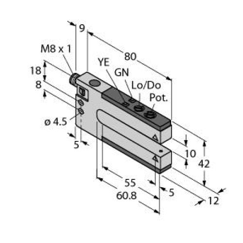 SLM Series: Rugged Nickel-Plated Metal Fixed-Distance Slot Sensor, Slot Width: 10, Input 10-30 V dc, Output: NPN, 3-pin M8 Integral QD