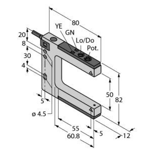 SLM Series: Rugged Nickel-Plated Metal Fixed-Distance Slot Sensor, Slot Width: 50, Input: 10-30 V dc, Output: Bipolar: 1 NPN, 1 PNP, 2 m (6.5 ft) Cable