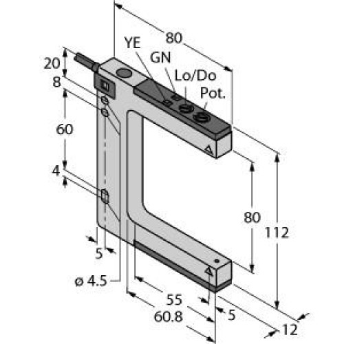SLM Series: Rugged Nickel-Plated Metal Fixed-Distance Slot Sensor, Slot Width: 80, Input: 10-30 V dc, Output: Bipolar: 1 NPN, 1 PNP, 2 m (6.5 ft) Cable
