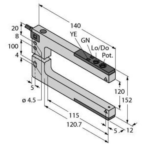 SLM Series: Rugged Nickel-Plated Metal Fixed-Distance Slot Sensor, Slot Width: 120, Input 10-30 V dc, Output: Bipolar: 1 NPN 1 PNP, 2 m (6 ft) Cable