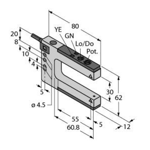 SLM Series: Rugged Nickel-Plated Metal Fixed-Distance Slot Sensor, Slot Width:30, Input: 10-30 V dc, Output: Bipolar: 1 NPN, 1 PNP, 9 m (30 ft) Cable