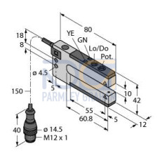 SLM Series: Rugged Nickel-Plated Metal Fixed-Distance Slot Sensor, Slot Width: 10, Input: 10-30 V dc, Output: Bipolar: 1 NPN, 1 PNP, 150 (6 in) M12 PUR Pigtail QD