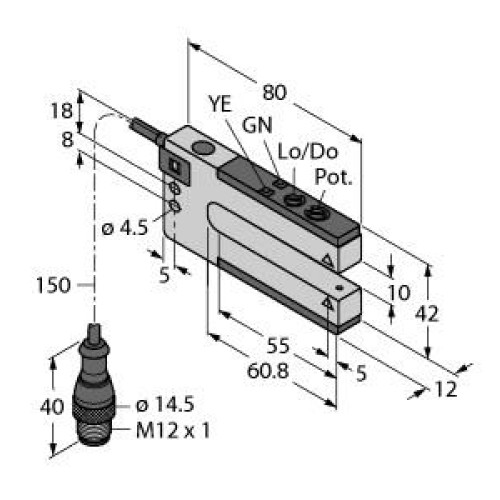 SLM Series: Rugged Nickel-Plated Metal Fixed-Distance Slot Sensor, Slot Width: 10, Input: 10-30 V dc, Output: Bipolar: 1 NPN, 1 PNP, 150 (6 in) M12 PUR Pigtail QD