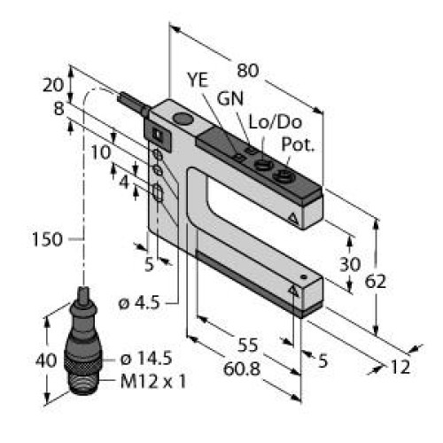 SLM Series: Rugged Nickel-Plated Metal Fixed-Distance Slot Sensor, Slot Width: 30, Input: 10-30 V dc, Output: Bipolar: 1 NPN, 1 PNP, 150 (6 in) M12 PUR Pigtail QD