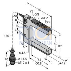 SLM Series: Rugged Nickel-Plated Metal Fixed-Distance Slot Sensor, Slot Width: 50, Input: 10-30 V dc, Output: Bipolar: 1 NPN, 1 PNP, 150 (6 in) M12 PUR Pigtail QD