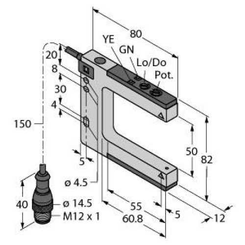SLM Series: Rugged Nickel-Plated Metal Fixed-Distance Slot Sensor, Slot Width: 50, Input: 10-30 V dc, Output: Bipolar: 1 NPN, 1 PNP, 150 (6 in) M12 PUR Pigtail QD