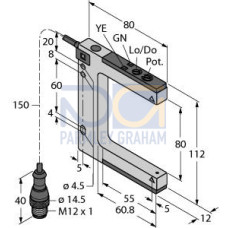 SLM Series: Rugged Nickel-Plated Metal Fixed-Distance Slot Sensor, Slot Width: 80, Input 10-30 V dc, Output: Bipolar: 1 NPN 1 PNP, 150 (6 in) M12 PUR Pigtail QD