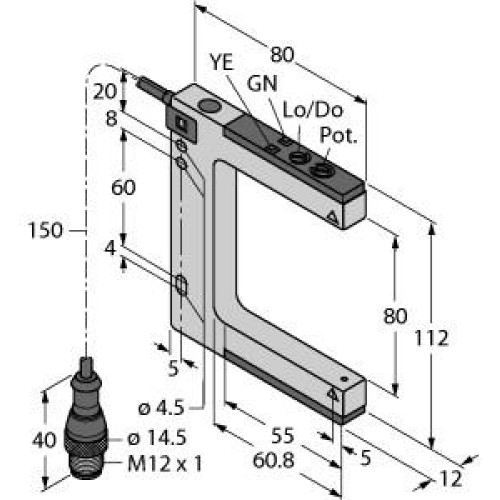 SLM Series: Rugged Nickel-Plated Metal Fixed-Distance Slot Sensor, Slot Width: 80, Input 10-30 V dc, Output: Bipolar: 1 NPN 1 PNP, 150 (6 in) M12 PUR Pigtail QD