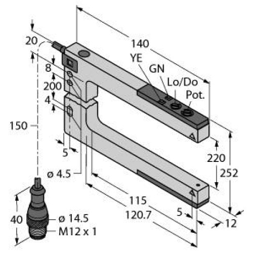 SLM Series: Rugged Nickel-Plated Metal Fixed-Distance Slot Sensor, Slot Width: 220, Input 10-30 V dc, Output: Bipolar: 1 NPN 1 PNP, 150 (6 in) M12 PUR Pigtail QD