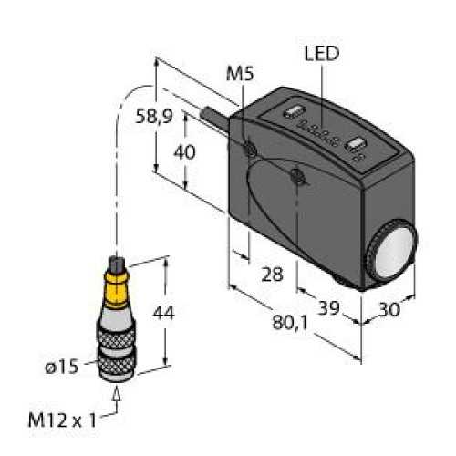 R58Register Mark Sensor, Input, 10-30 V dc, Output: Bipolar, 1 NPN, 1 PNP, Perpendicular Sensing Beam, 150 (6 in) 5-pin M12 Pigtail QD