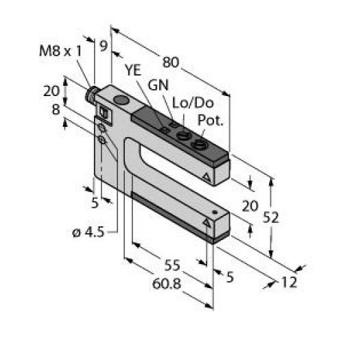 SLM Series: Rugged Nickel-Plated Metal Fixed-Distance Slot Sensor, Slot Width: 20, Input 10-30 V dc, Output: PNP, 3-pin M8 Integral QD