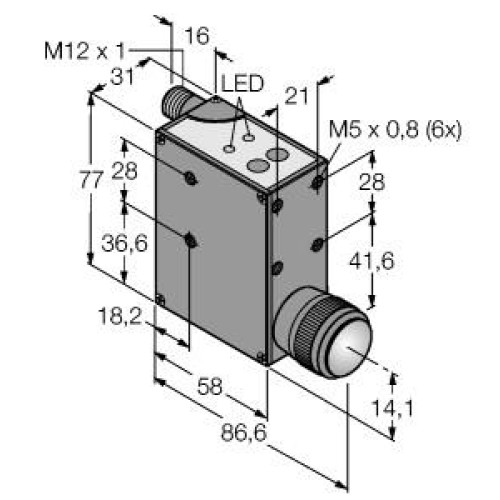 QL56 Series Luminescence Sensor, Range: 20-40, Input: 15-30 V dc, Output: Bipolar (1 NPN and 1 PNP), 0.75-5.5 V analog, 5-pin M12 Integral QD
