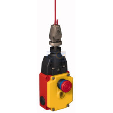 Heavy-Duty Metal Emergency Stop Rope Pull, Turnbuckle Attachment, 75 m Max Range, Integral E-Stop Button, Latch Actuation, 2 NC Safety Contacts, 2 NO Aux Contacts