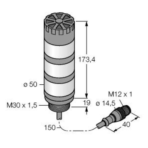 TL50 Tower Light: 3-Color Audible Indicator, Voltage: 18-30 V dc or 24 V ac, Environmental Rating: IP50, Input: Bimodal, Colors: Green Yellow Red, 150 (6 in) PVC Pigtail QD