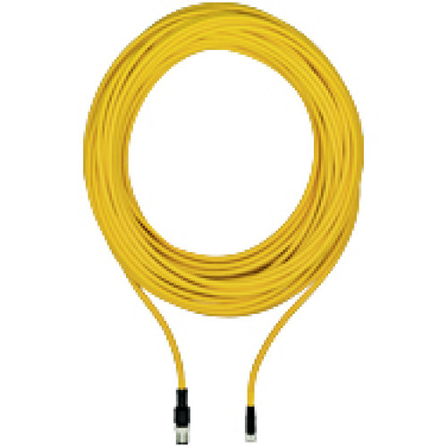 Connection cable, PUR, yellow RAL1003, suitable for drag chains, 4-pin,socketstraight M8, on connector straight M12, A-coded, cable length: 10m