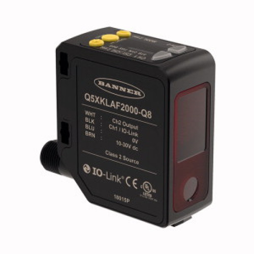 Q5X Series: Laser Adjustable Field, Range: 50-5000, Input: 10-30 V dc, Output: 1 PNP/NPN with IO-Link, 1 PNP/NPN Multi-Function I/O, 4-pin M12 Rotatable QD