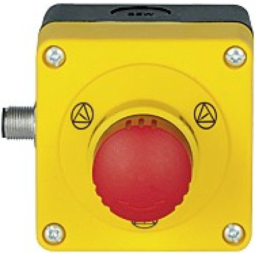 PITestop, E-STOP/contact block incl. surface mount housing, setconsisting ofE-STOP pushbutton with E-STOP symbol and logo and contact block 2 N/C,withM12 connection 5-pin.