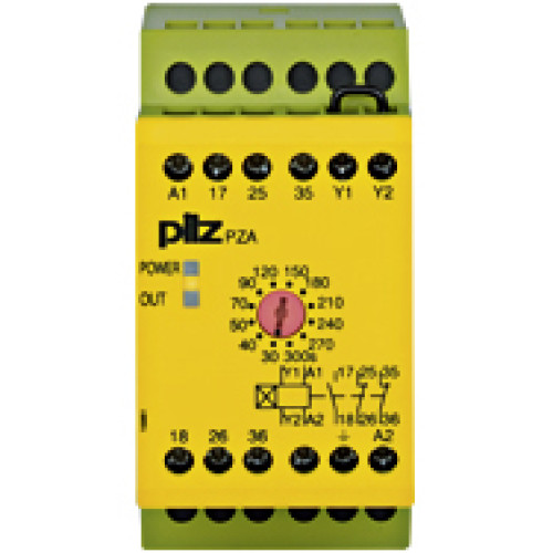 Safety relay (standalone) Inputs: Single-channel wiring Outputs: 1 N/O, 2 N/C UB 110 - 120 V AC, width: 45 mm, integral screw terminals, delay-on energisation pulse timer, pulse times 12 stages from 0