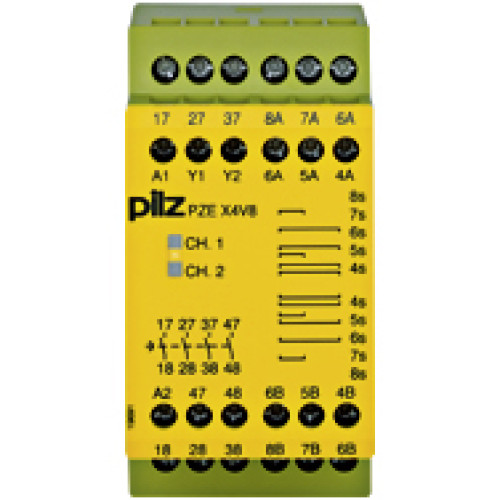 Contact expansion Inputs: Single-channel wiring Outputs: 4 N/O (t= 5.6.7.8 s). UB 24 V DC, width: 45 mm. UB 24 V DC, width: 45 mm. Contact block for contact expansion in connection with safety-related