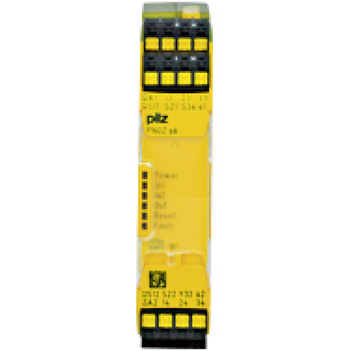 PNOZsigma Safety relay (standalone). Inputs: 1 N/O, 1 N/C per pushbutton. Outputs: 3 N/O, 1 N/C, 1 semiconductor, UB 24 V DC, width: 22.5 mm, plug-in spring-loaded terminals. Two-hand control device,