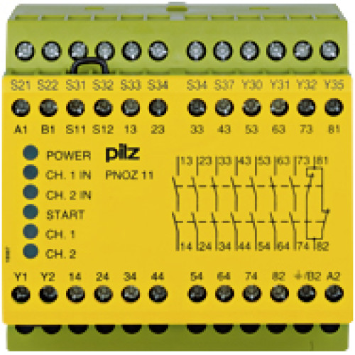Safety relay (standalone) inputs: 1/2-channel wiring with/without detection of shorts across contacts