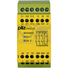 Safety relay (standalone) Inputs: 1-/2-channel wiring with/without detection of shorts across contacts Outputs: 3 N/O, 1 N/C. Automatic/monitored start UB 115 V AC, width: 45 mm, integral screw termin