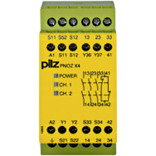 Safety relay (standalone) Inputs: 1-/2-channel wiring with/without detection of shorts across contacts Outputs: 3 N/O, 1 N/C. Automatic/monitored start UB 115 V AC, width: 45 mm, integral screw termin