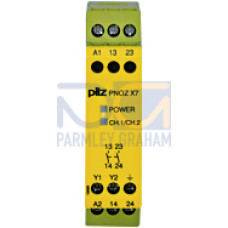 Safety relay (standalone) Inputs: Single-channel wiring Outputs: 2 N/O. Automatic/manual start UB 115 V AC, width: 22.5 mm, integral screw terminals, Monitoring E-STOP, safety gates.