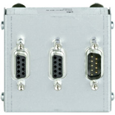 Adapter box for speed monitoring module modular safety system PNOZmulti 3 x 9-pole D-sub connector. 2 x connector female, 1 x connector male Can be clipped on to a mounting rail.