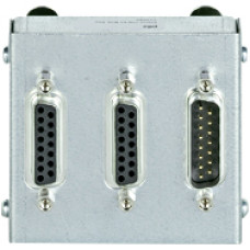 Adapter box for speed monitoring module modular safety system PNOZmulti 3 x 15-pole D-sub connector. 2 x connector female, 1 x connector male Can be clipped on to a mounting rail.