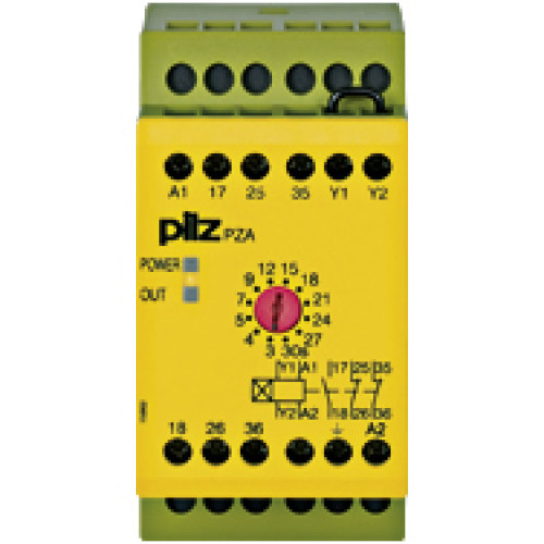 Safety relay (standalone) Inputs: Single-channel wiring Outputs: 1 N/O, 2 N/C UB 110-120 V AC, width: 45 mm, integral screw terminals, delay-on energisation pulse timer, pulse times 12 stages from 0 -