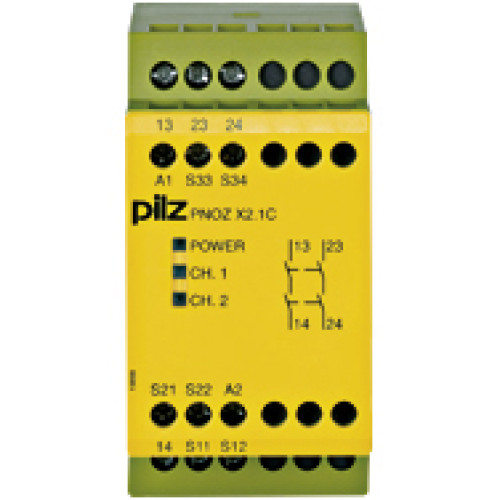 Safety relay (standalone) Inputs: 1- / 2-channel wiring with detection of shorts across contacts Outputs: 2 N/O. Automatic/manual start. UB 24 V AC/DC, Width: 45 mm, depth: 80 mm, fixed screw terminal