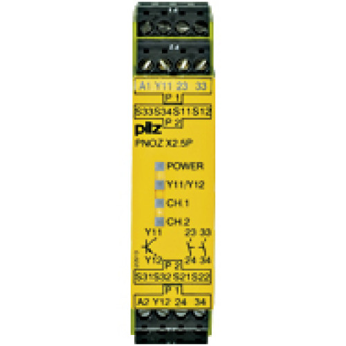 Safety relay (standalone) Inputs: 1- / 2-channel wiring with detection of shorts across contacts Outputs: 2 N/O, 1 semiconductor. Automatic/manual reset UB 24 V DC, width: 22.5 mm, plug-in terminals o