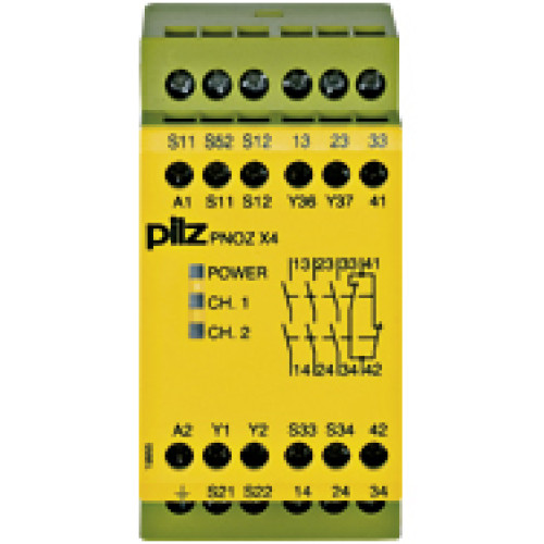 Safety relay (standalone) Inputs: 1-/2-channel wiring with/without detection of shorts across contacts Outputs: 3 N/O, 1 N/C. Automatic/monitored start UB 24 V AC, width: 45 mm, integral screw termina