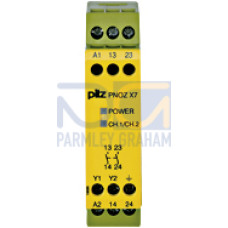 Safety relay (standalone) Inputs: Single-channel wiring Outputs: 2 N/O. Automatic/manual start UB 120 V AC, width: 22.5 mm, integral screw terminals, Monitoring E-STOP, safety gates.