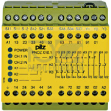 Safety relay (standalone) Inputs: 1-/2-channel wiring with/without detection of shorts across contacts Outputs: 6 N/O, 4 N/C. Automatic/monitored start UB 230 - 240 V AC, width: 90 mm, integral screw