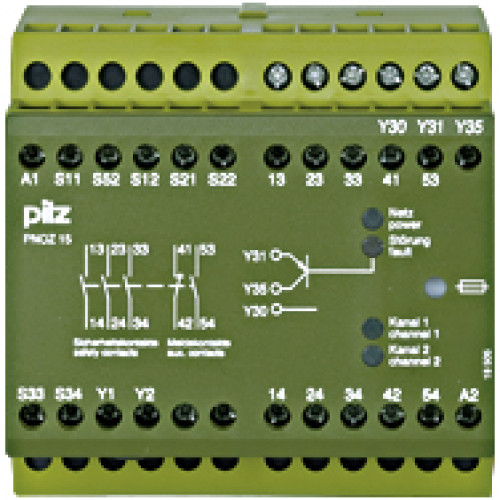 Safety relay (standalone) Inputs: Single-channel wiring Outputs: 3 N/O,  1 N/C, 1 N/O, 1 semiconductor. Automatic/manual reset UB 24 V DC, width: 90 mm, integral screw terminals, Monitoring E-STOP, sa