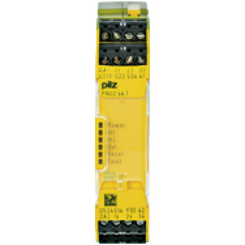 PNOZsigma Safety relay (standalone). Inputs: 1 N/O per pushbutton Outputs: 3 N/O, 1 N/C, 1 semiconductor UB 24 V DC, width: 22.5 mm, plug-in terminals of screw type Two-hand control device, monitoring