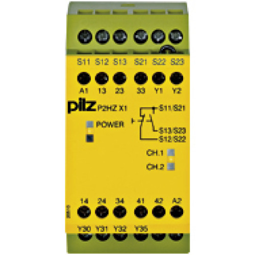 Safety relay (standalone) Inputs: 1 N/O, 1 N/C per pushbutton Outputs: 3 N/O, 1 N/C, 2 semiconductor UB 115 V AC, width: 45 mm, integral screw terminals, two-hand control device, monitoring the simult
