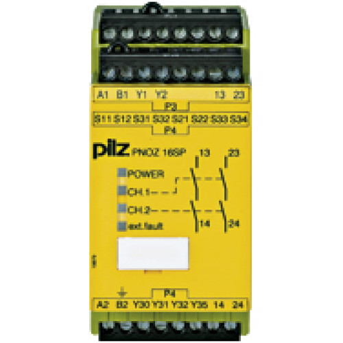 Safety relay (standalone) Inputs: 1-/2-channel wiring with detection of shorts across contacts Outputs: 2 N/O, 2 semiconductor. Automatic/manual reset UB 230V AC/24 V DC, width: 45 mm, plug-in termina